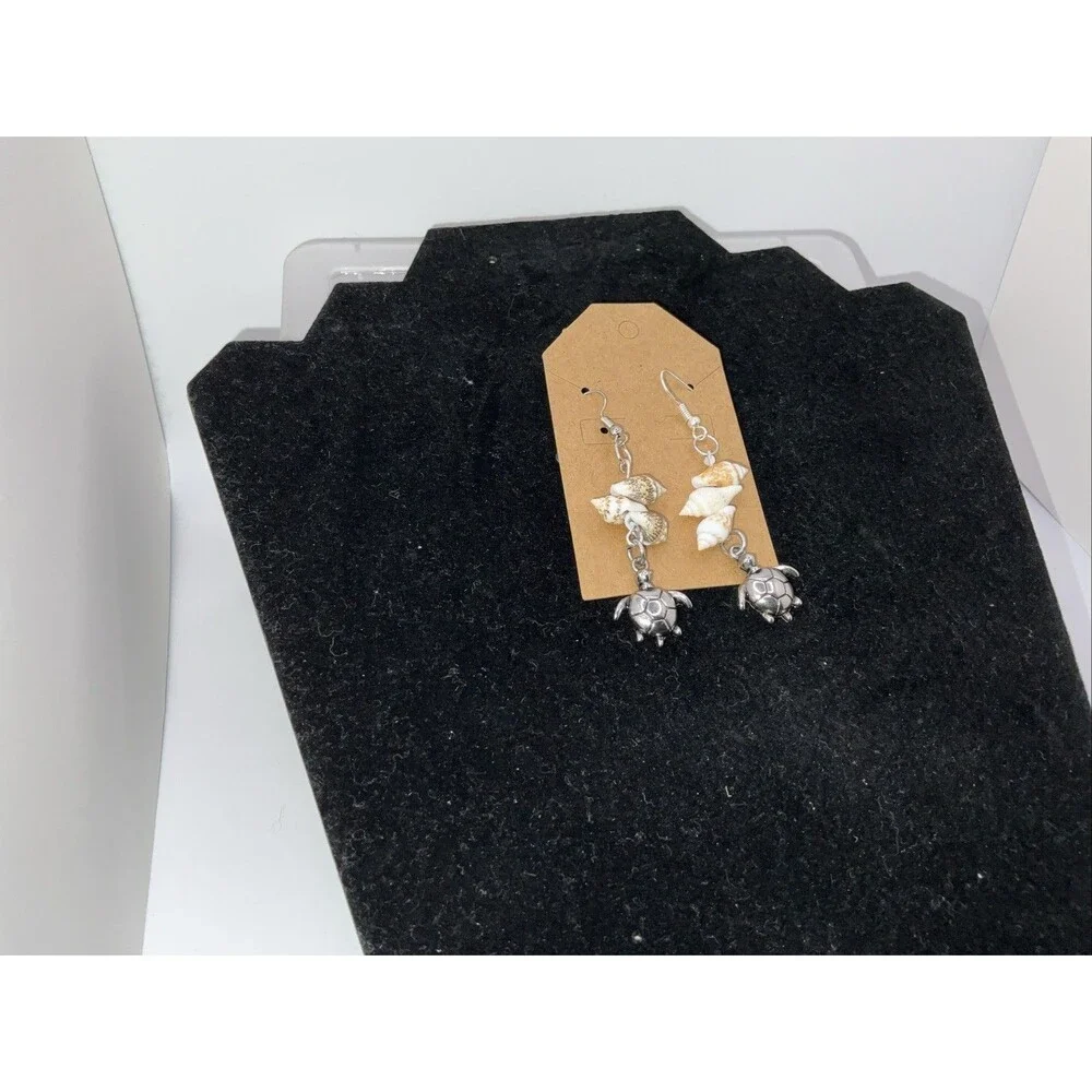 Sea Turtle Sea Shell Charm 14k White Heavy Plated Earrings French wire fish hook